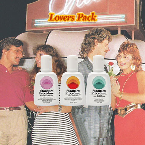 SPF 50 body sunscreen from Standard Procedure featured in a retro-themed Lovers Pack with other personal care products.