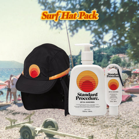 Australian sunscreen brands pack featuring Standard Procedure sunscreen bottles and a sun-protective surf hat with logo.