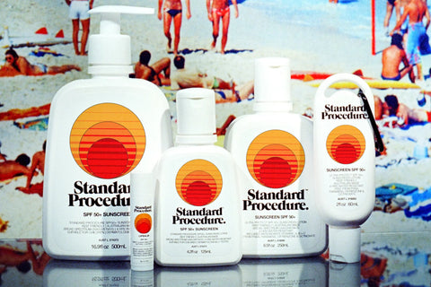 Best SPF for daily use shown in a full product line of Standard Procedure sunscreen and lip balm.