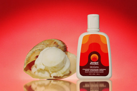 Top-rated SPF products include the Standard Procedure x Messina SPF 50+ sunscreen beside a scoop of gelato.