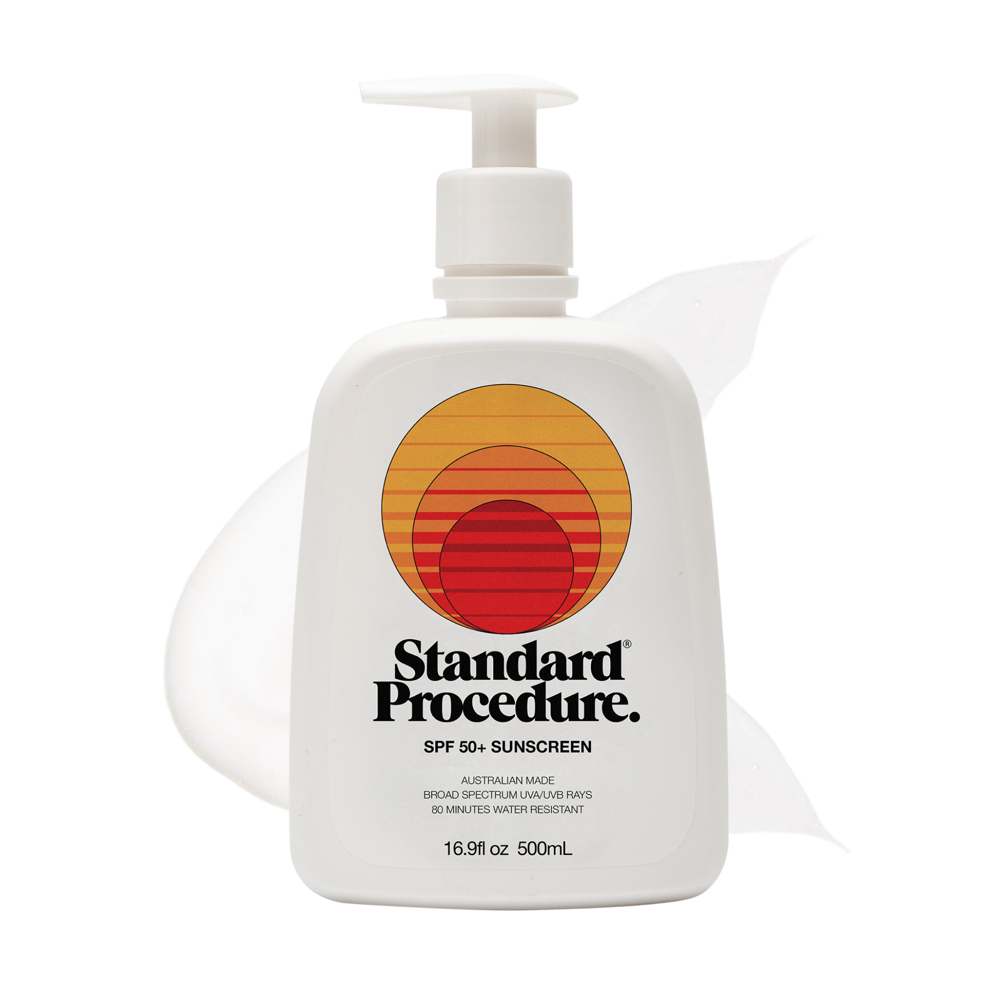 SPF 50 sunscreen for face pump bottle with a subtle lotion smear behind it on a clean white background.