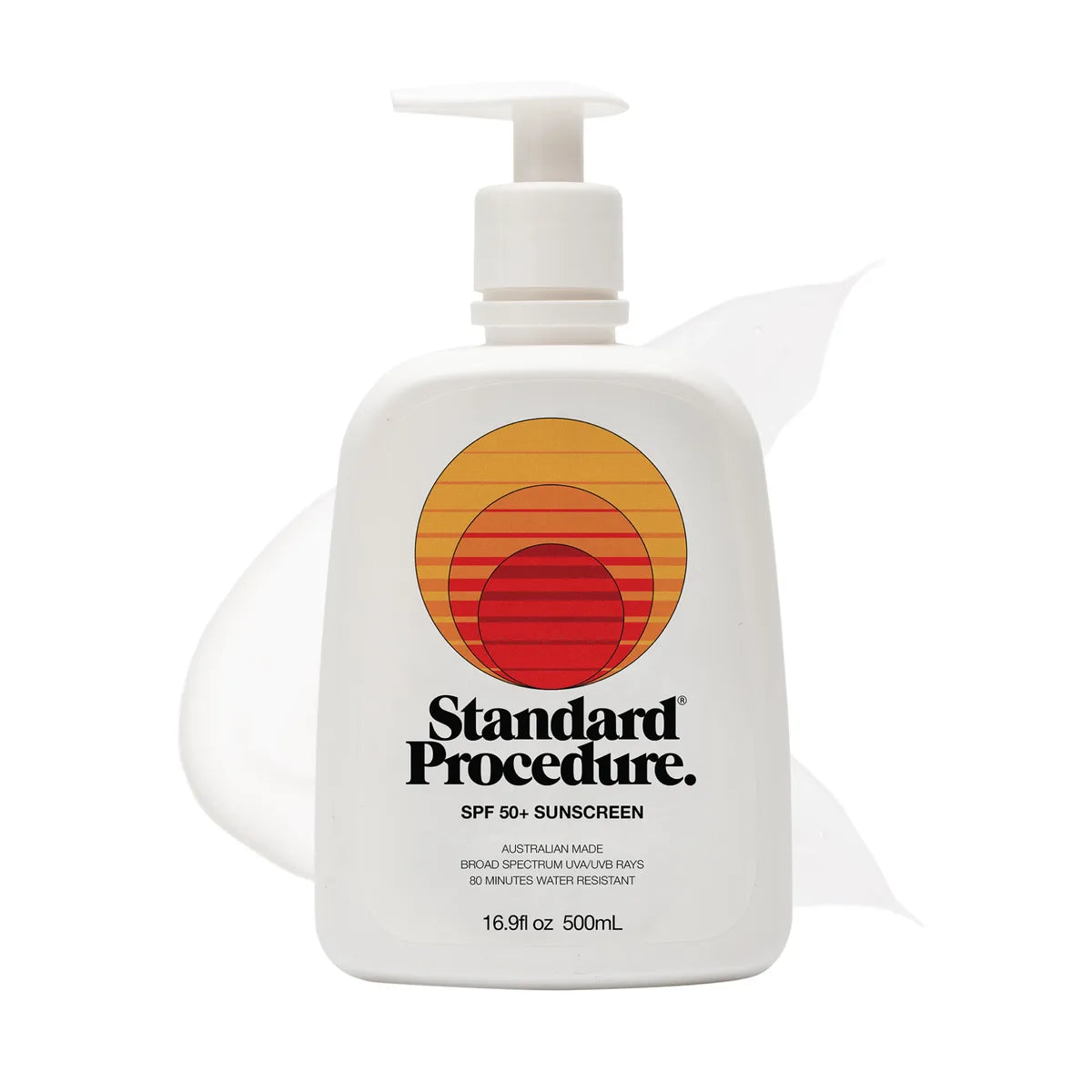 SPF 50 sunscreen for face pump bottle with a subtle lotion smear behind it on a clean white background.