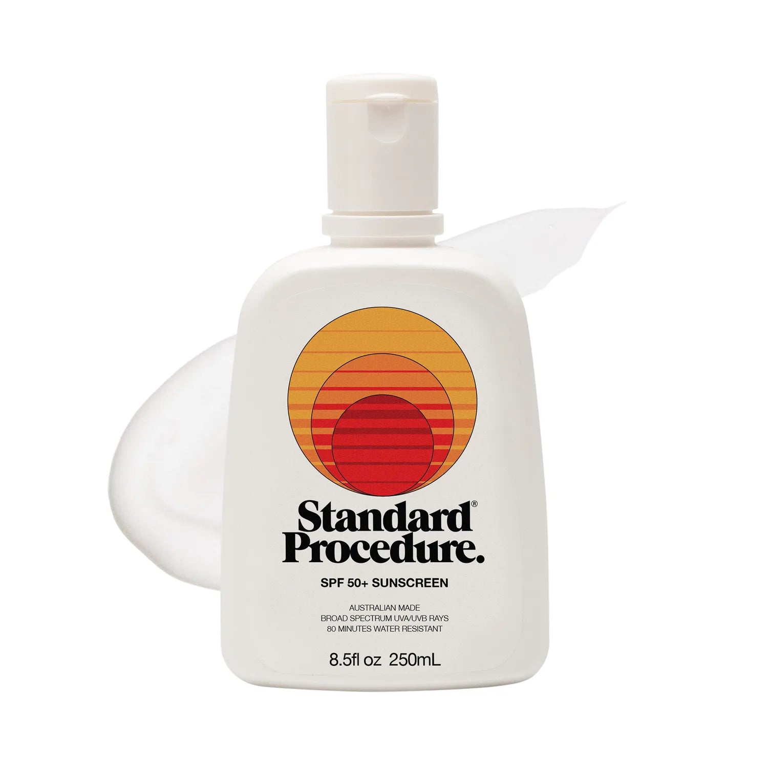 Sunscreen lotion SPF 50 pump bottle with a subtle lotion smear on a clean white background.