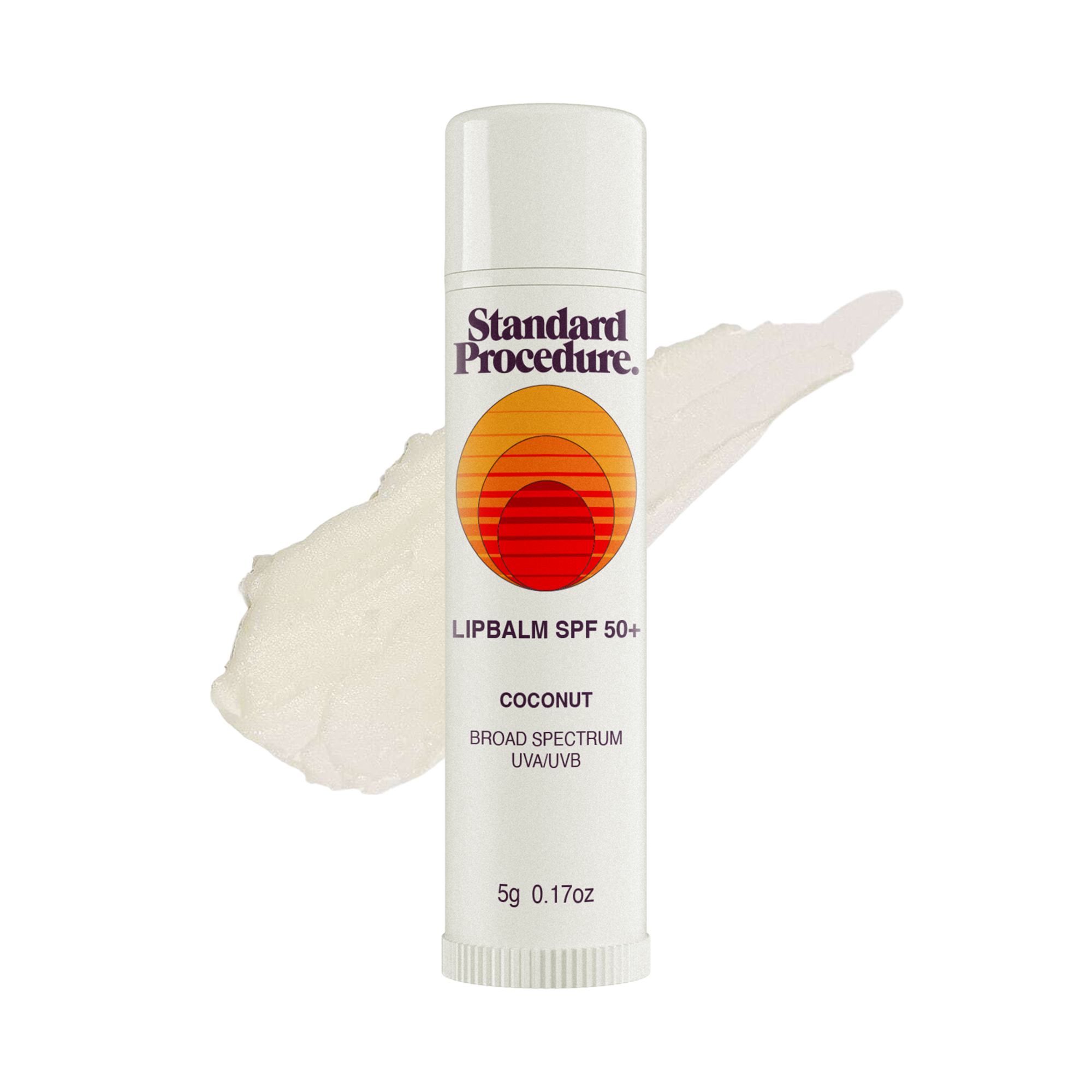 Lip protection SPF 50 balm with coconut flavor shown in front of a smear of the product on a white background.