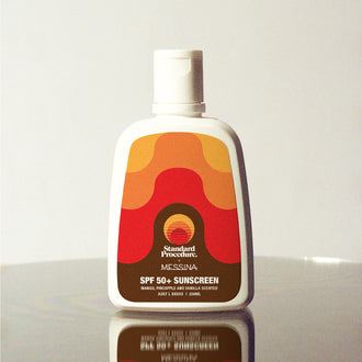 Standard Procedure x Messina SPF 50 Sunscreen 250ml with a retro sunset label in mango pineapple and vanilla scent.