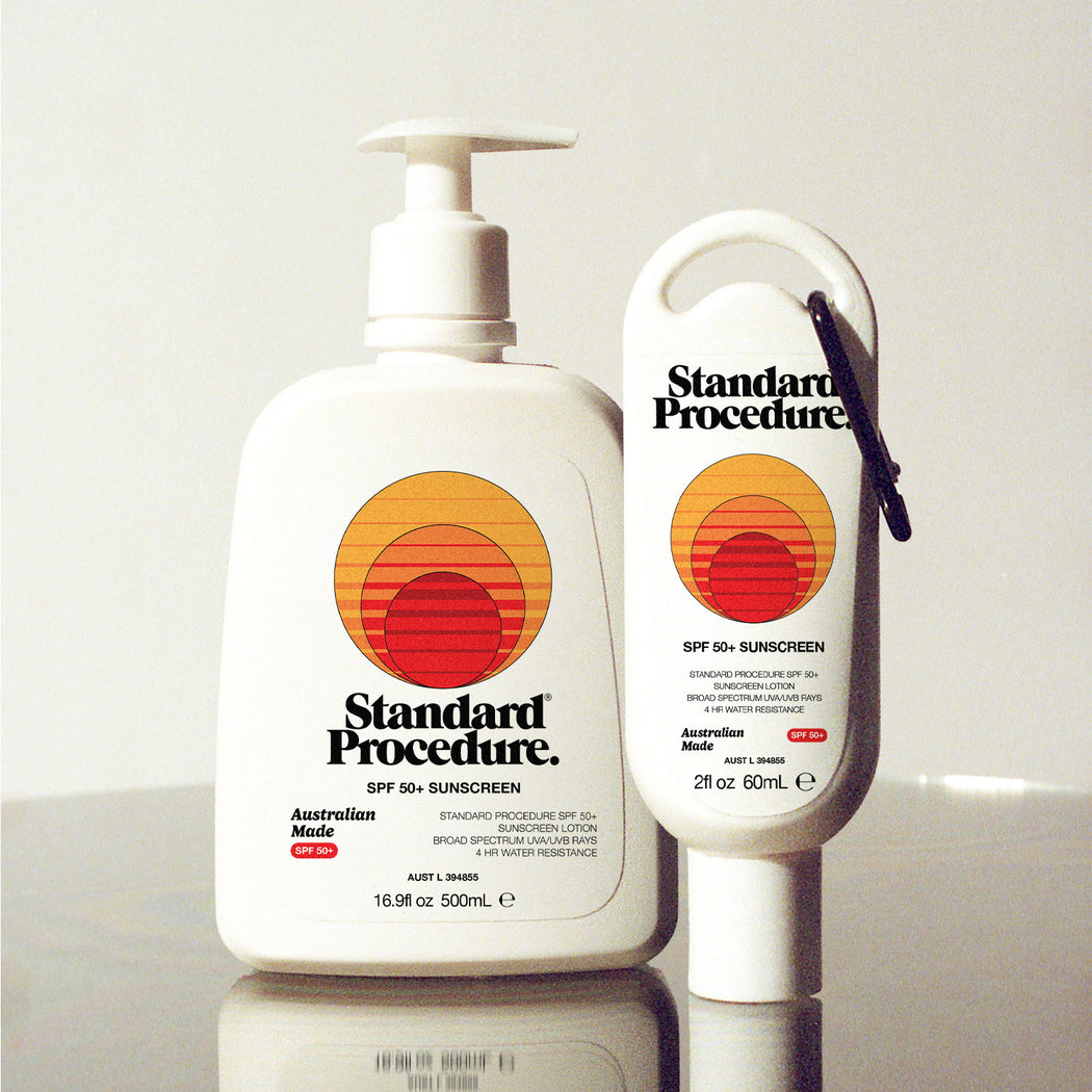 Standard Procedure SPF 50 Sunscreen Refill Kit with a 500ml pump bottle and a 60ml travel tube with carabiner.
