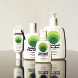 Aloe vera for sunburn bottles from Standard Procedure displayed on a reflective surface in various sizes, highlighting cooling, soothing, and moisturizing after-sun care made with locally sourced aloe