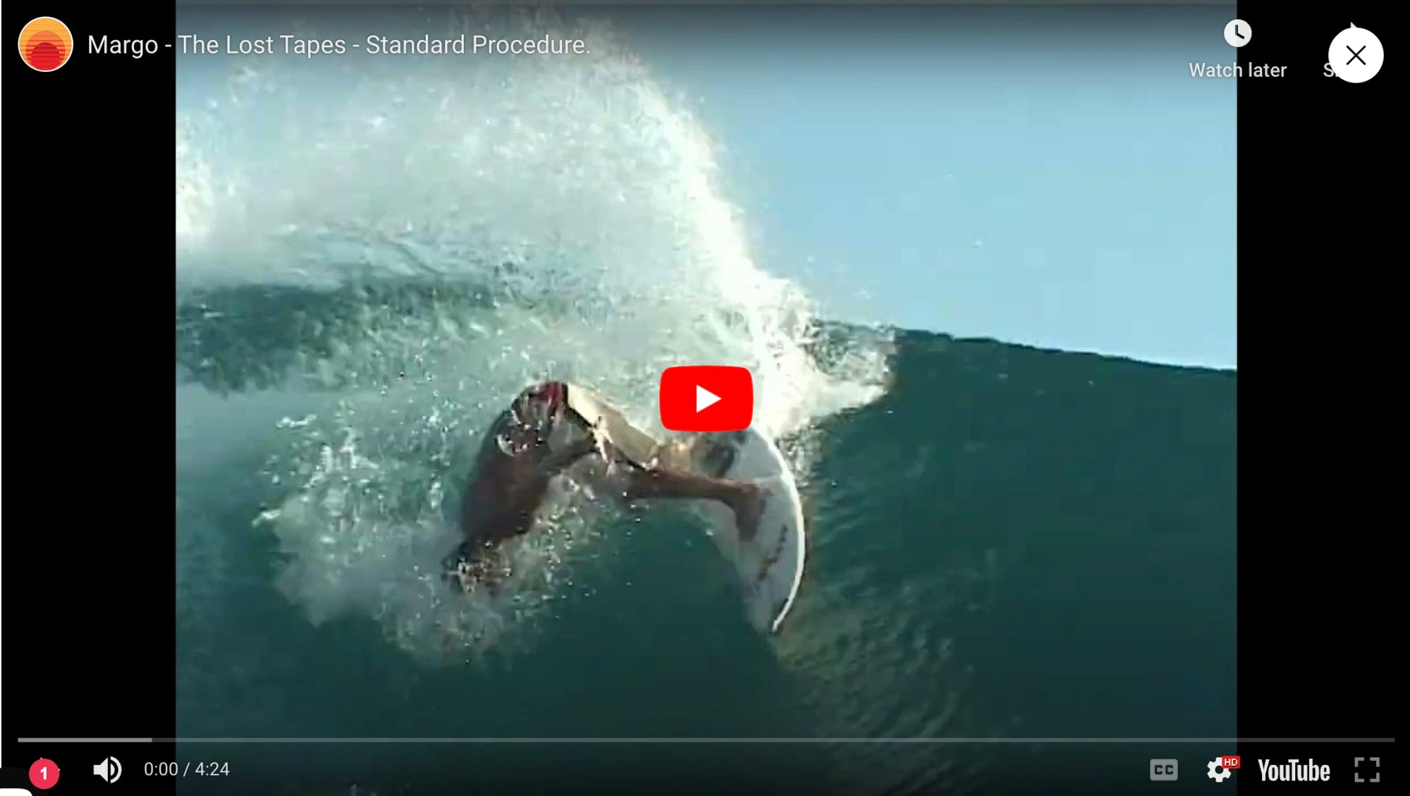 Surfer carving inside a breaking wave, YouTube video titled Margo, The Lost Tapes.