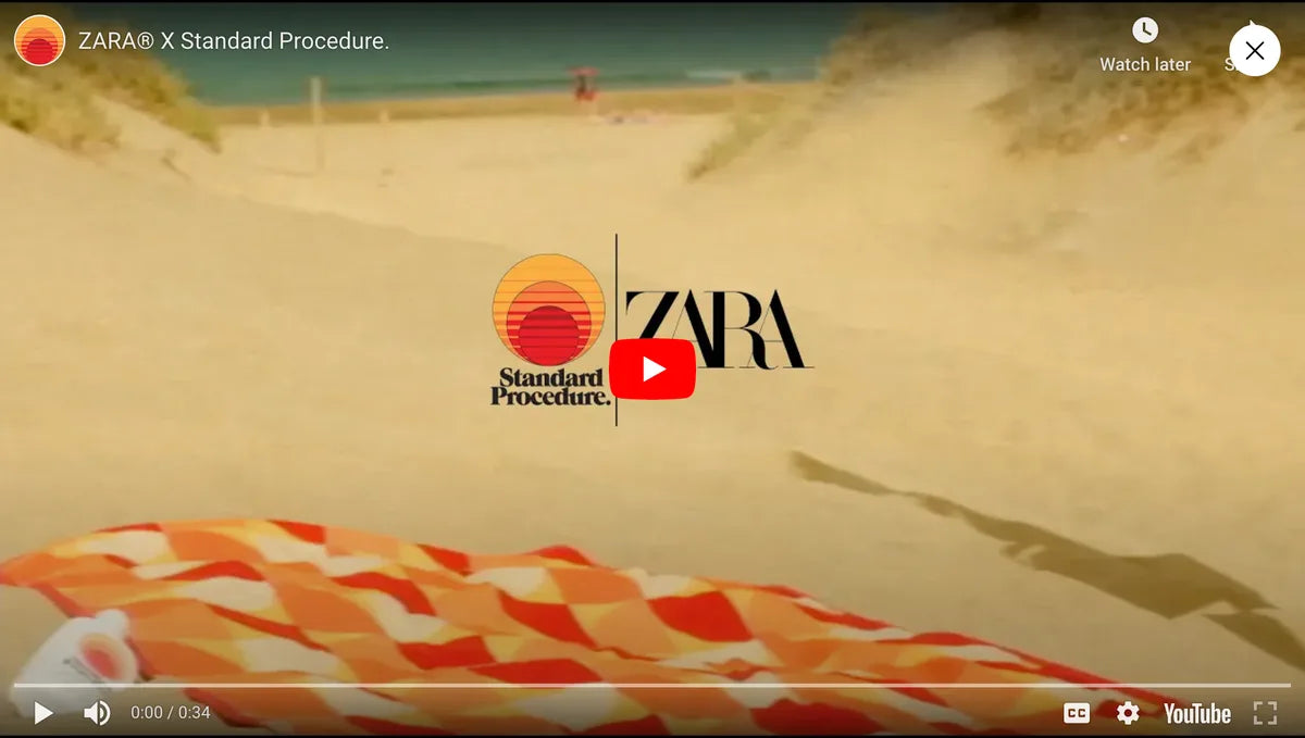 Standard Procedure and ZARA collaboration video promoting Australian sunscreen on a sunny beach.