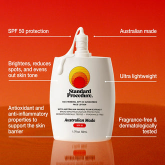 Mineral SPF 50 sunscreen bottle from Standard Procedure with descriptive labels highlighting its Australian-made formula, SPF 50 protection, lightweight texture, and skin-brightening benefits