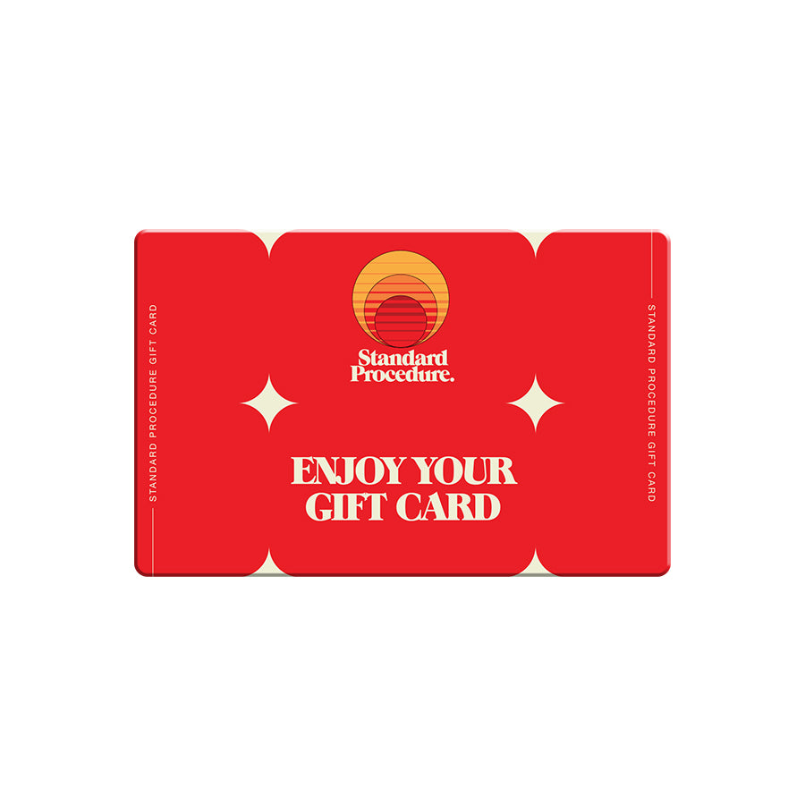 Red Standard Procedure digital gift card with sunset logo and Enjoy Your Gift Card lettering.