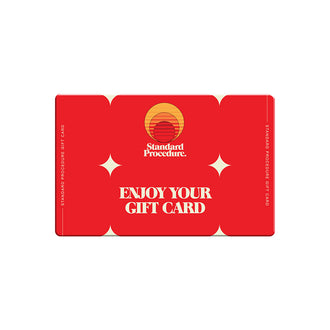 Red Standard Procedure digital gift card with sunset logo and Enjoy Your Gift Card lettering.