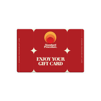Burgundy Standard Procedure digital gift card with sunset logo and cream star motifs.
