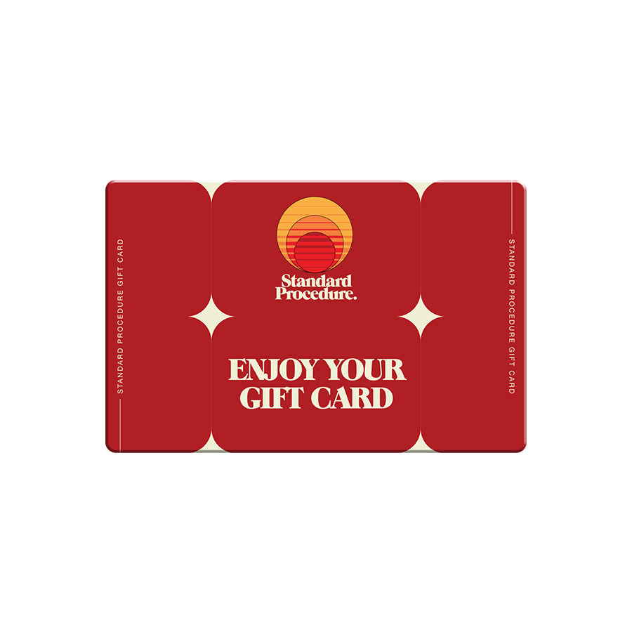 Burgundy Standard Procedure digital gift card with sunset logo and cream star motifs.