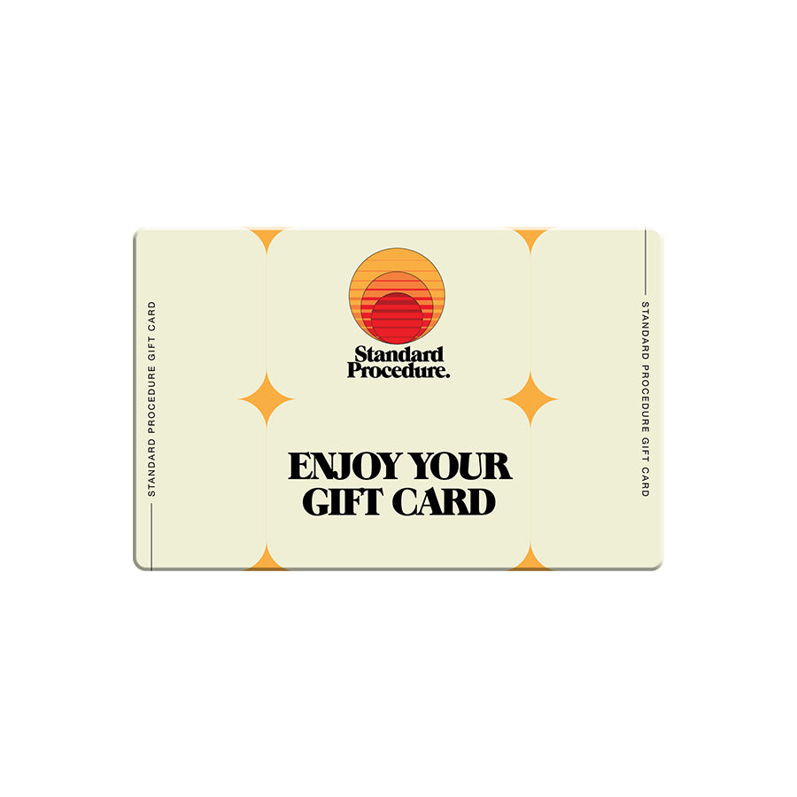Standard Procedure digital gift card in cream with sunset logo and orange star motifs.