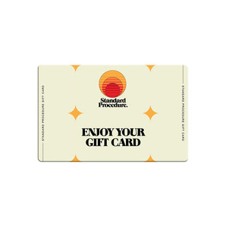 Standard Procedure digital gift card in cream with sunset logo and orange star motifs.