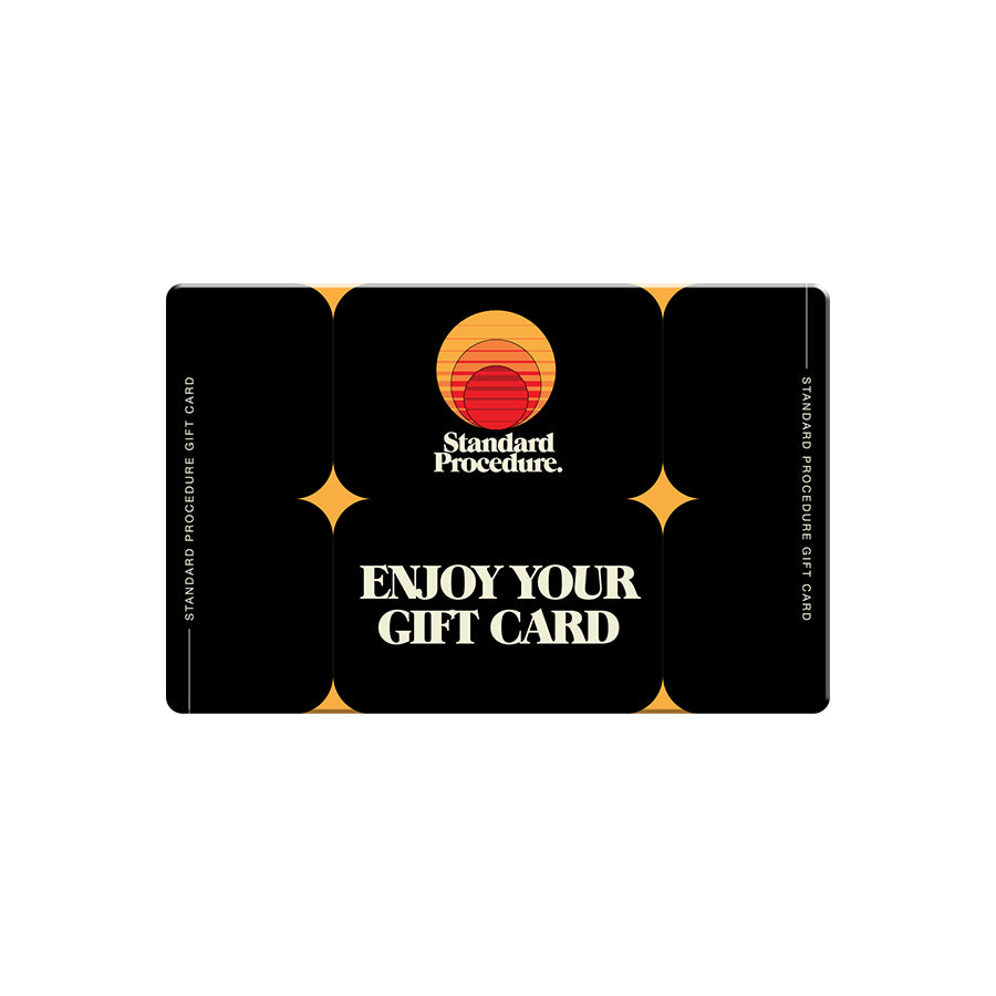 Black Standard Procedure digital gift card with sunset logo and Enjoy Your Gift Card text.