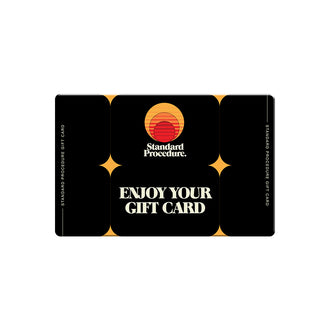 Black Standard Procedure digital gift card with sunset logo and Enjoy Your Gift Card text.