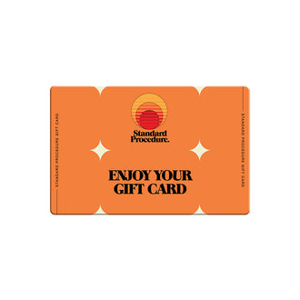 Orange Standard Procedure digital gift card with sunset logo and "Enjoy Your Gift Card" text.