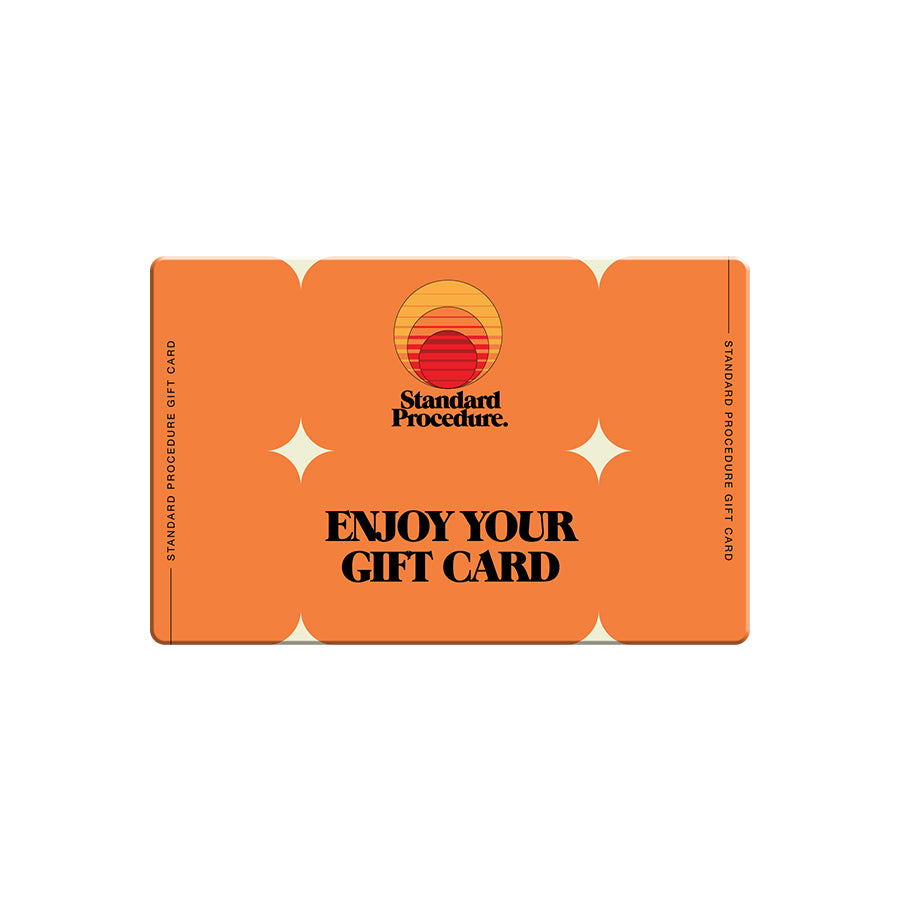 Orange Standard Procedure digital gift card with sunset logo and "Enjoy Your Gift Card" text.