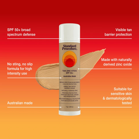 Tan zinc sunscreen stick SPF 50+ with tan swatch & callouts for broad-spectrum defense, visible tint barrier, naturally derived zinc oxide, no-sting no-slip, Australian made, sensitive-skin tested