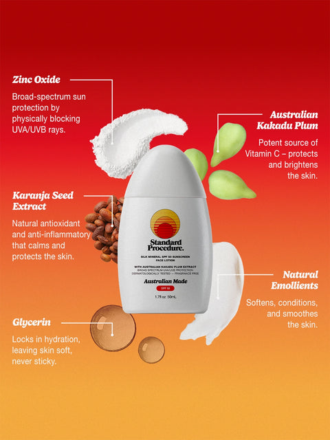 Australian Made SPF 50 Mineral Sunscreen Australian Kakadu Plum Vitamin C Zinc Oxide Natural Emollients Zinc Oxide Karanja Seed Extract Glycerin