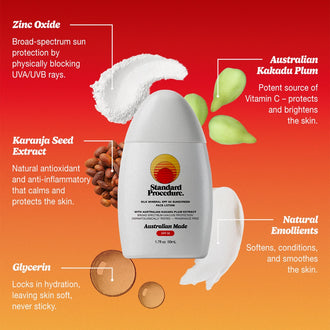 Australian Made SPF 50 Mineral Sunscreen Australian Kakadu Plum Vitamin C Zinc Oxide Natural Emollients Zinc Oxide Karanja Seed Extract Glycerin
