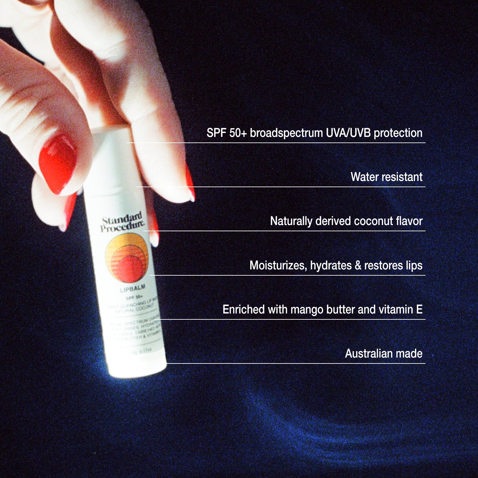 SPF 50 lip balm held by hand with text highlighting its protective, hydrating, and natural ingredient benefits.