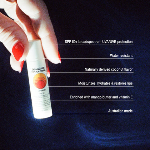 SPF 50 lip balm held by hand with text highlighting its protective, hydrating, and natural ingredient benefits.
