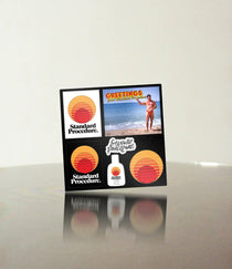 Standard Procedure sticker sheet featuring retro sunset logos, a beach photo sticker, and bottle graphic.