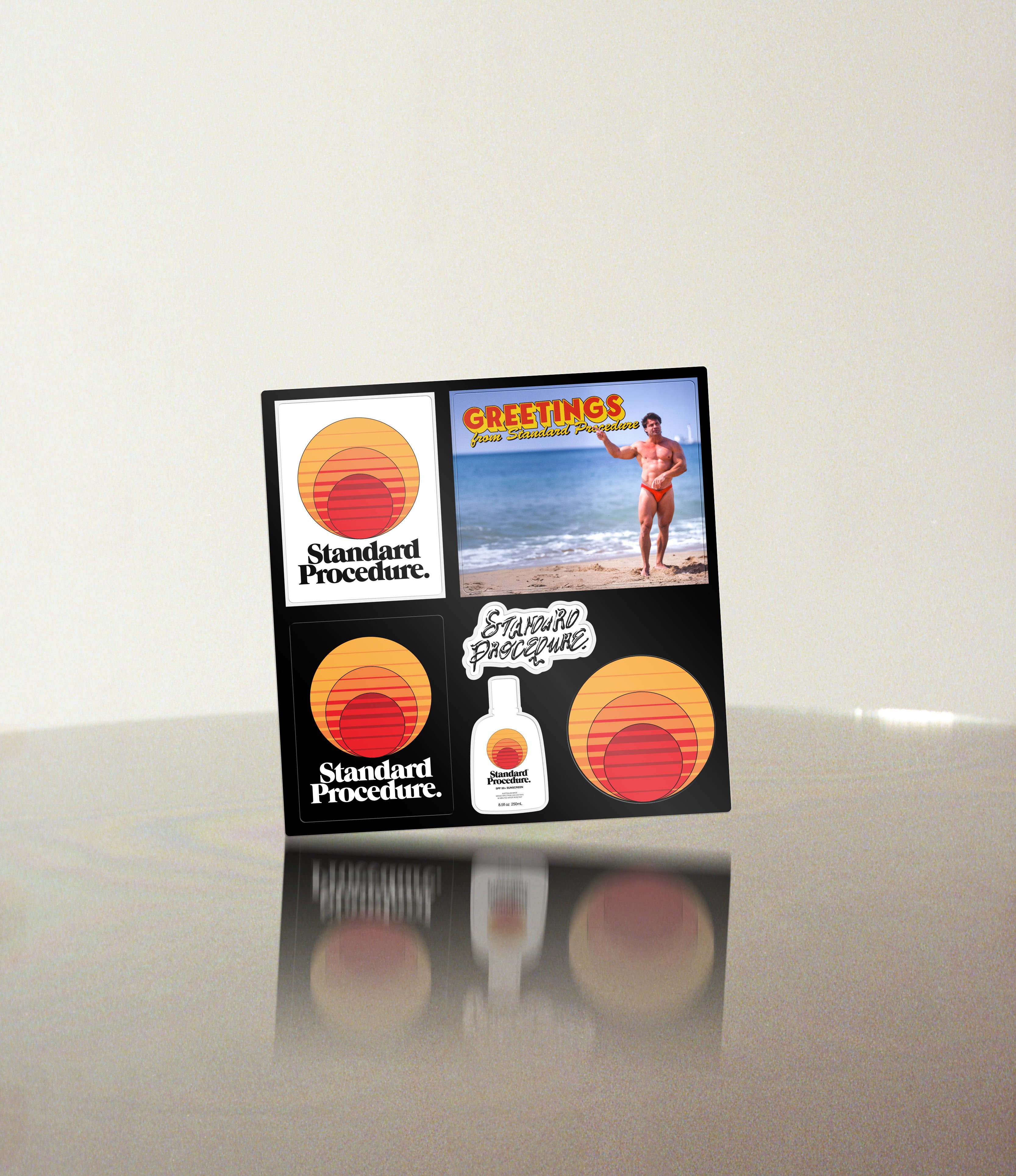 Standard Procedure sticker sheet with retro sunset logos and beach greetings design on glossy surface.
