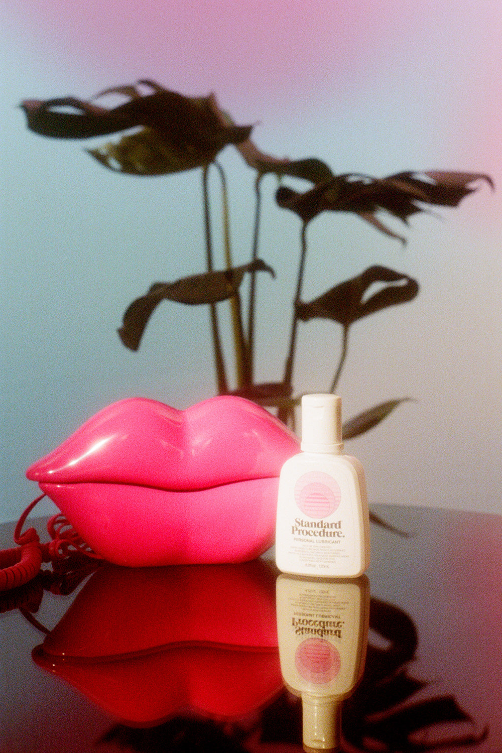 Standard Procedure Pleasure Jelly lubricant bottle beside a pink lips telephone and monstera plant.
