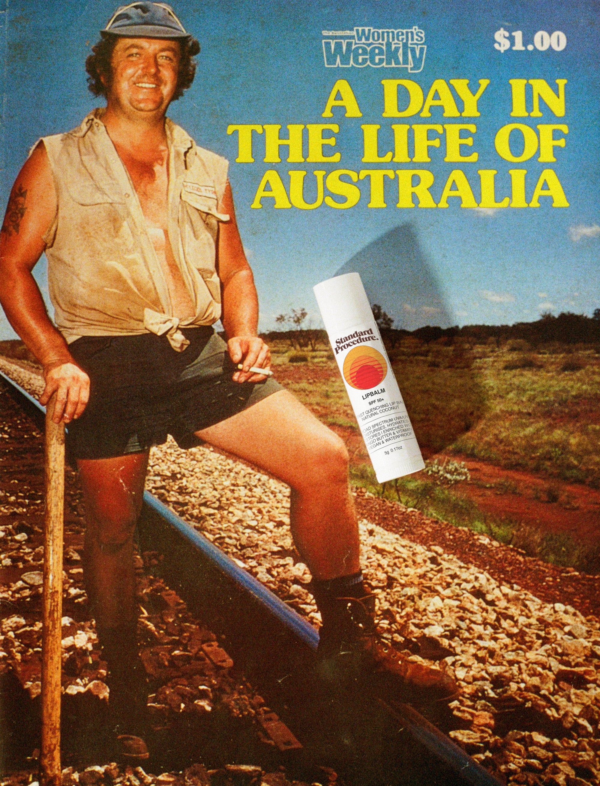 Lip balm vitamin C product shown over a vintage Australian outback scene with a man standing by railroad tracks.